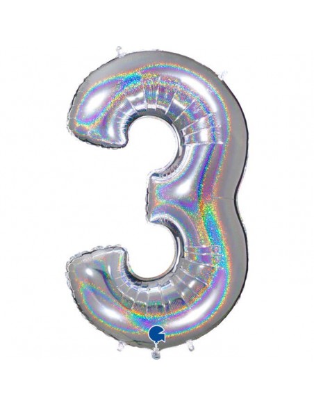 Globo Numero 3 Plata Brillante Holografico 100cm