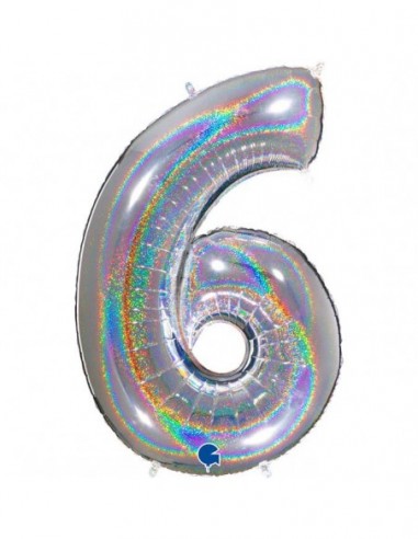 Globo Numero 6 Plata Brillante Holografico 100cm