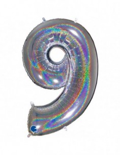 Globo Numero 9 Plata Brillante Holografico 100cm