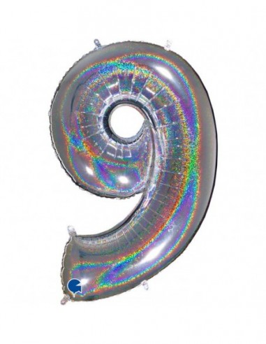 Globo Numero 9 Plata Brillante Holografico 100cm