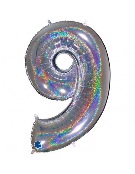 Globo Numero 9 Plata Brillante Holografico 100cm