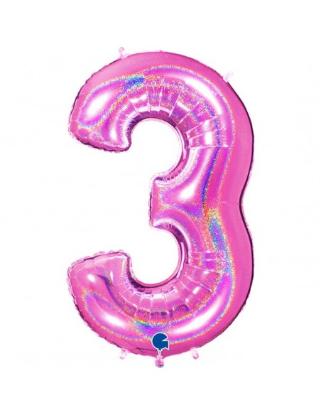 Globo Numero 3 Fucsia Brillante Holografico 100cm
