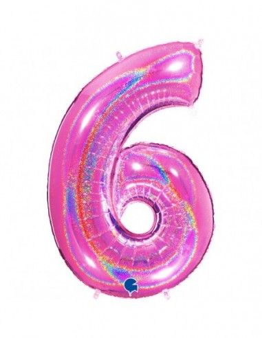 Globo Numero 6 Fucsia Brillante Holografico 100cm