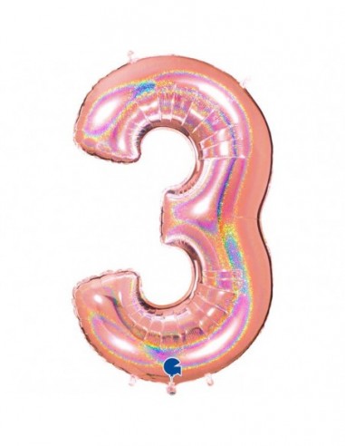 Globo Numero 3 Oro Rosa Brillante Holografico 100cm