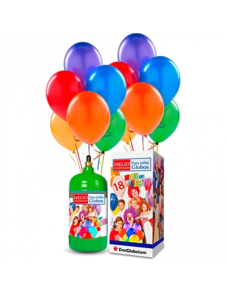 Bombonas Helio Desechable 0.155m3 con 18 Globos Pastel y Lazos