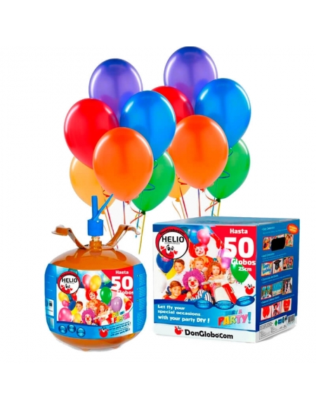 Bombonas Helio Desechable 0.41m3 con 50 Globos Pastel y Lazos