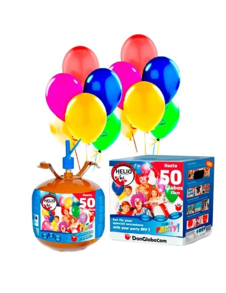 Bombonas Helio Desechable 0.41m3 con 50 Globos Metalizados y Lazos