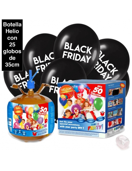 25 Globos Black Friday Latex 35cm con Bombona de Helio 0.41m3