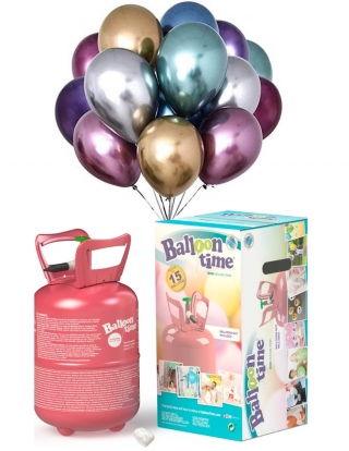 Bombona de Helio Desechable 0.13m3 con 8 Globos Chrome Qualatex 28cm