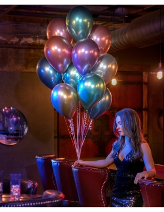 Bombona de Helio Desechable 0.13m3 con 8 Globos Chrome Qualatex de 28cm y Lazos 2