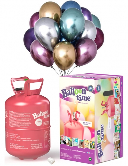 Bombona de Helio Desechable 0.42m3 con 28 Globos Chrome Qualatex de 28cm y Lazos