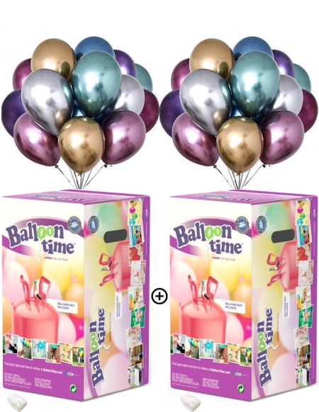 2 Bombona de Helio Desechable 0.42m3 con 56 Globos Chrome Qualatex de 28cm y Lazos