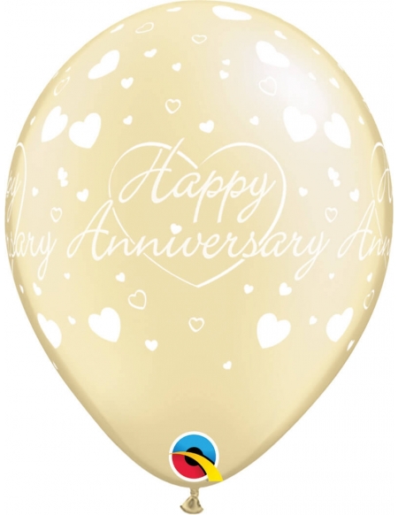 Globo Happy Anniversary Hearts Redondo 28cm Metalizado Marfil