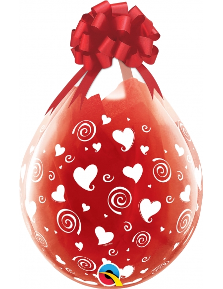 Globo Stuffing Swirling Hearts Redondo 45cm Transparente y Tinta Blanca