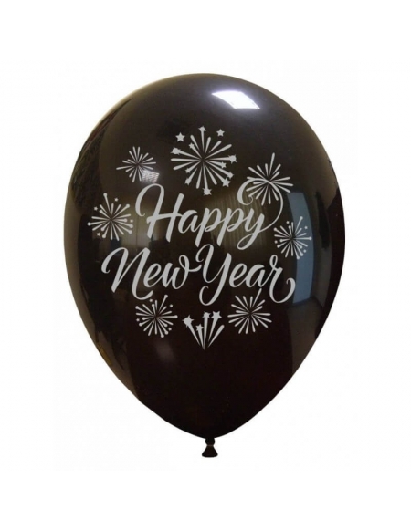 Globo Happy New Year Stars Redondo 30cm Negro Impresion Plata