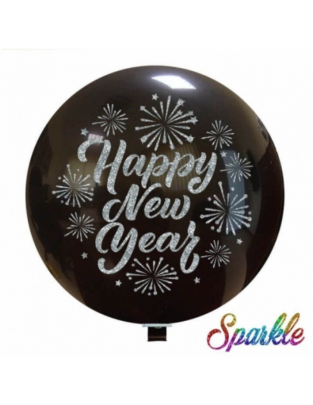 Globo Happy New Year Esferico 75cm Negro Impresion Plata Brillante