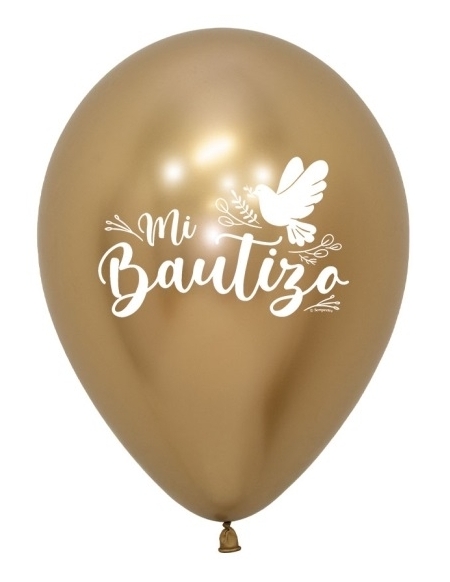 Globo Bautizo Palomas Dorado Reflex 2 Caras 30cm en Bolsa de 12 UDS