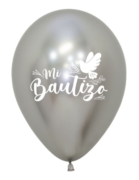 Globo Bautizo Palomas Plata Reflex 2 Caras 30cm en Bolsa de 12 UDS