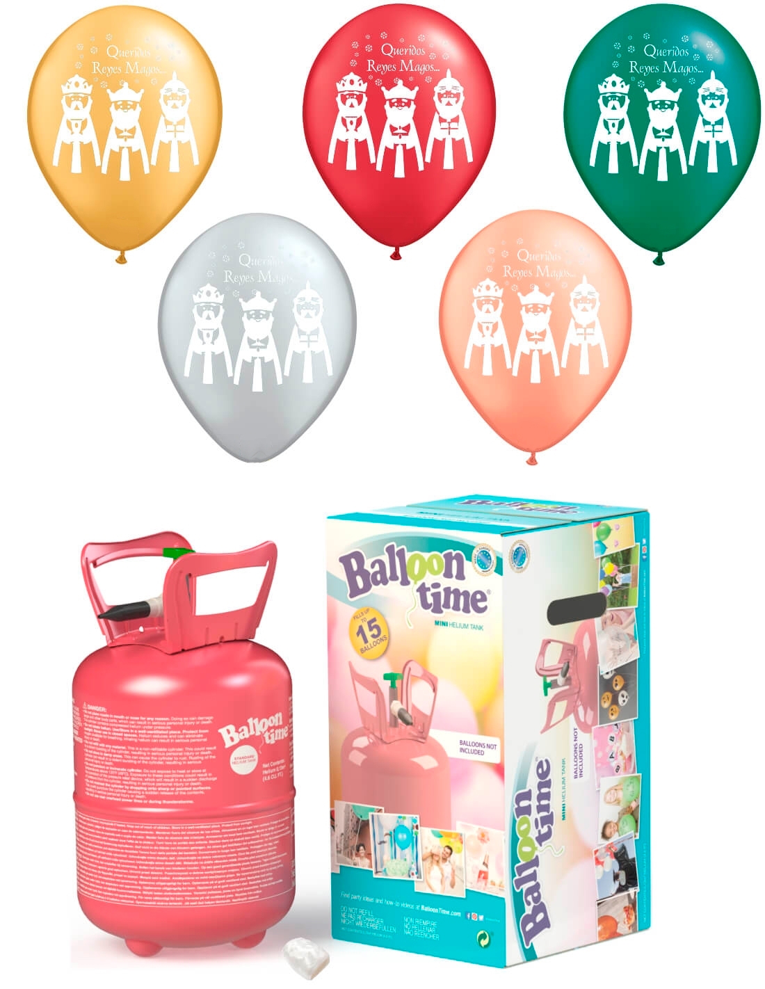 Botellas de Helio Desechable 0.13m3 con 15 Globos Metalizados y Lazos