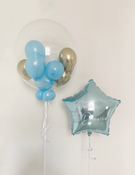 Duo Burbuja con Mini Globos y Globo Personalizado Azul